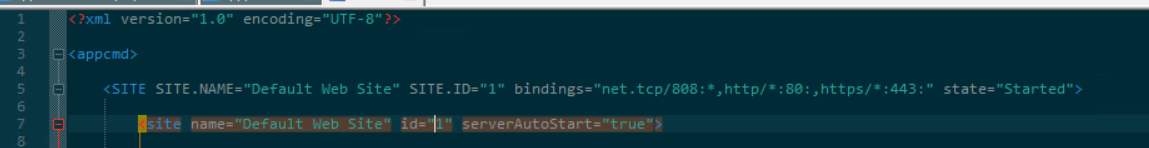 The exported sites.xml file open in a text editor, with the site's SITE.ID value of 1 highlighted.