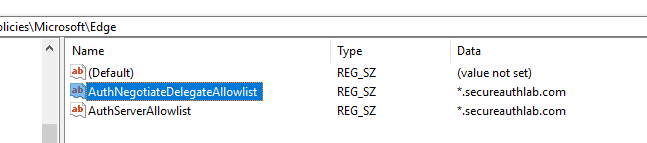 Registry Editor showing AuthNegotiateDelegateAllowlist and AuthServerAllowlist under the Edge policies key, both set to *.secureauthlab.com.