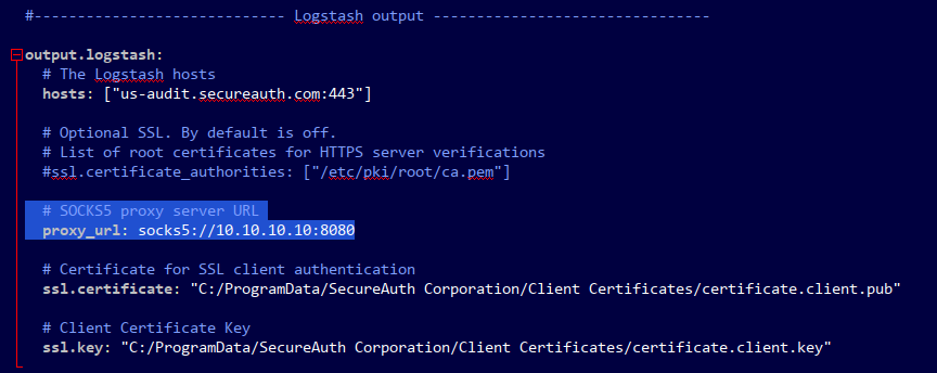 The Logstash output section of filebeat.yml, with the SOCKS5 proxy_url line added below the commented-out ssl.certificate_authorities line.