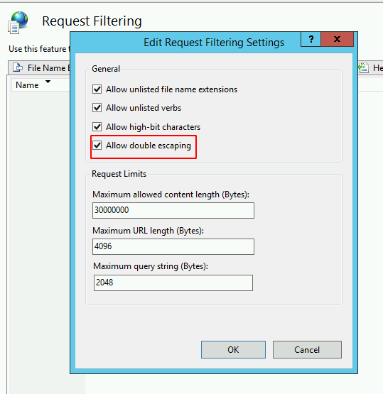 The Edit Request Filtering Settings dialog, with Allow double escaping checked.