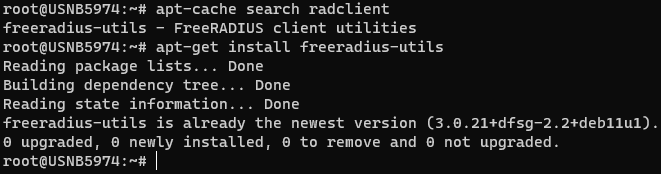 A Debian WSL terminal searching for and installing the freeradius-utils package with apt.