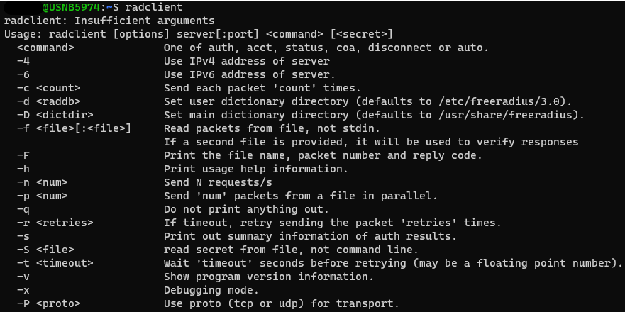 The radclient command's help output in a terminal, listing its available options.