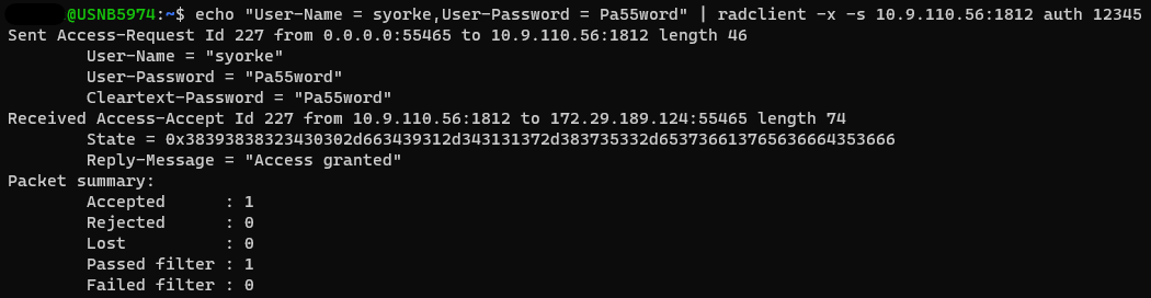 radclient output showing Received Access-Accept and Passed filter : 1, confirming successful password-only authentication.