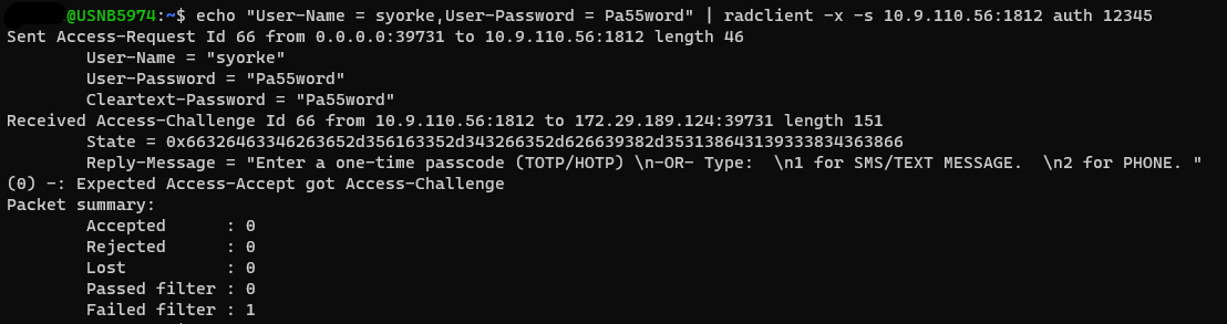 radclient output showing Received Access-Challenge instead of Access-Accept, since a second factor is now required.
