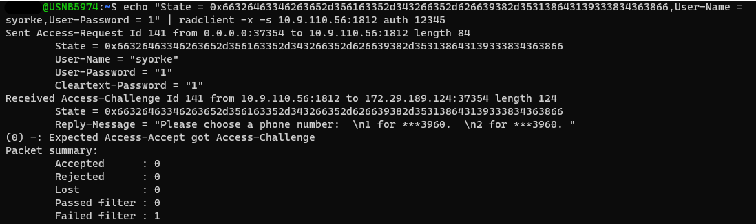 radclient output showing an Access-Challenge asking which phone number to send the SMS/text message to.