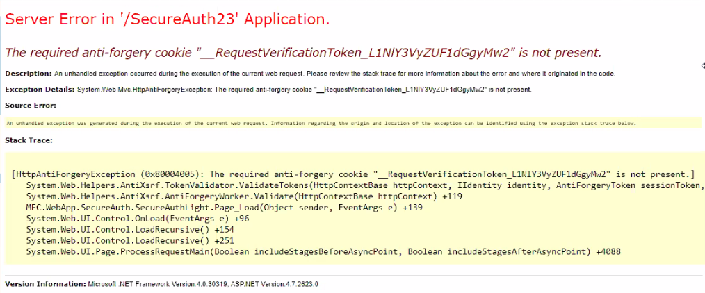 ASP.NET server error page showing HttpAntiForgeryException: The required anti-forgery cookie is not present, with the full exception stack trace.