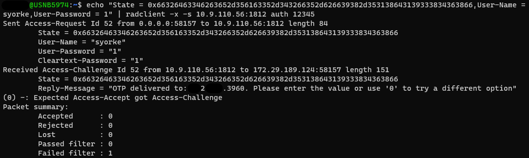 radclient output confirming the SMS/text code was sent.
