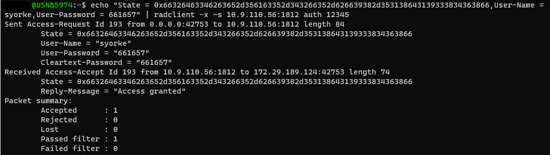 radclient output showing Received Access-Accept and Passed filter : 1, confirming successful authentication with the SMS-delivered OTP.