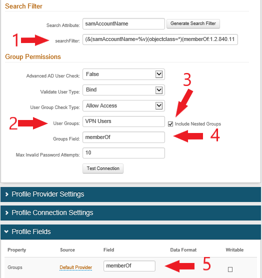 The Data tab's Search Filter and Group Permissions sections, with numbered arrows pointing to searchFilter, User Groups, Include Nested Groups, Groups Field, and the Profile Fields Groups row, each set as described above.
