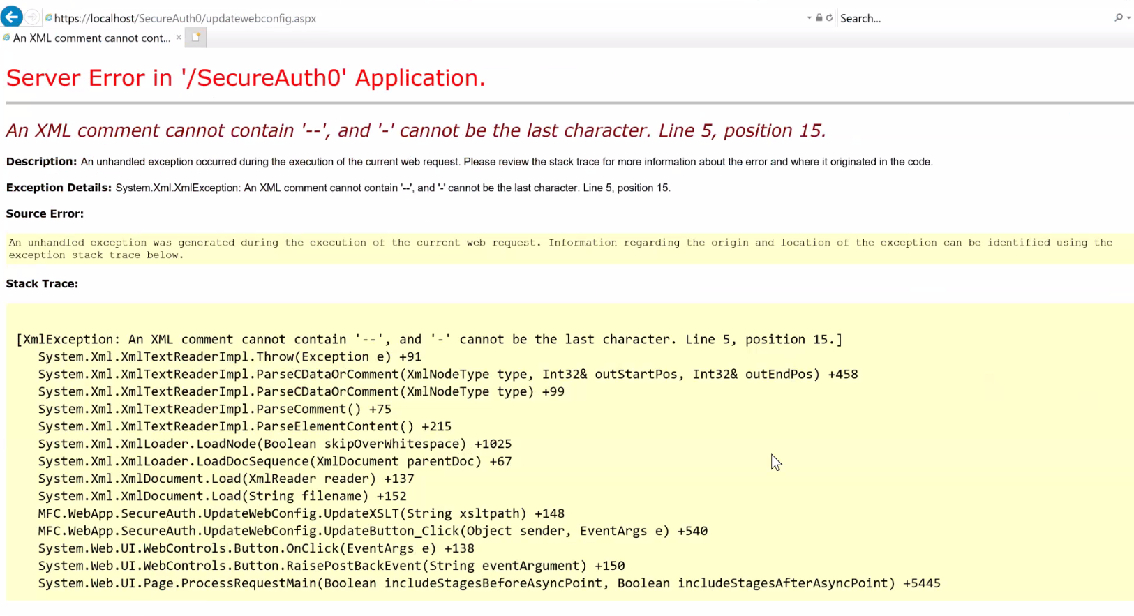ASP.NET server error page showing System.Xml.XmlException: An XML comment cannot contain '--', and '-' cannot be the last character, with the full exception stack trace pointing to UpdateWebConfig.UpdateXSLT.