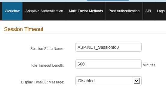The Workflow tab's Session Timeout section, with Idle Timeout Length set to 600 minutes.