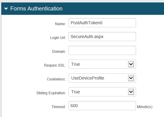 The Forms Authentication section of Token Settings, with Timeout set to 600 minutes.