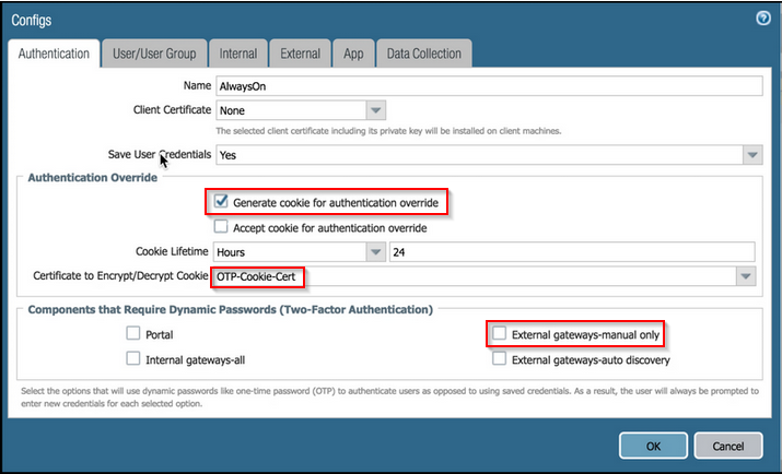 The Palo Alto Portal Agent Authentication profile, with Generate cookie for authentication override checked and a certificate selected to encrypt/decrypt the cookie.