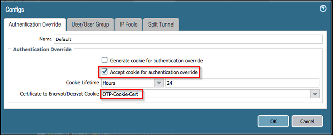 The Palo Alto Gateway Client Settings profile, with Accept cookie for authentication override checked.