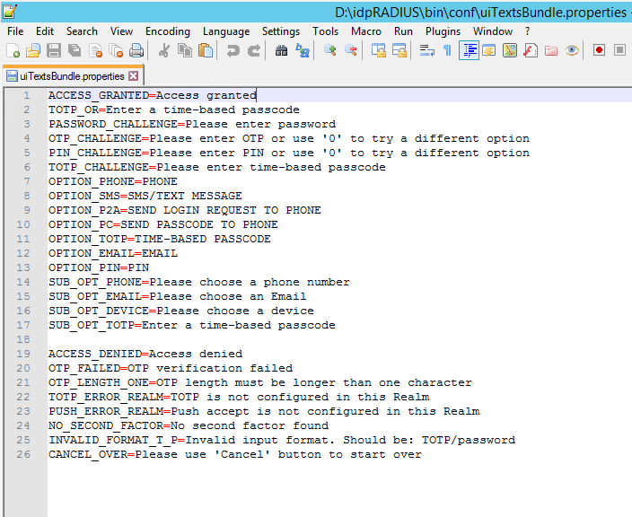 uiTextBundle.properties open in a text editor, showing the key=value message strings shown to end users during RADIUS authentication.