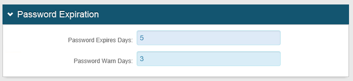 The Password Expiration section showing Password Expires Days set to 5 and Password Warn Days set to 3.