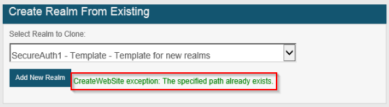 The Create Realm From Existing panel, showing the error CreateWebSite exception: The specified path already exists.