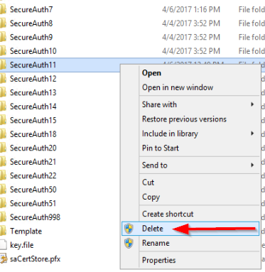 Windows Explorer's right-click context menu on a SecureAuth realm folder, with Delete highlighted.