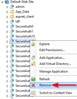 IIS Manager's right-click context menu on a realm virtual application, with Remove highlighted.