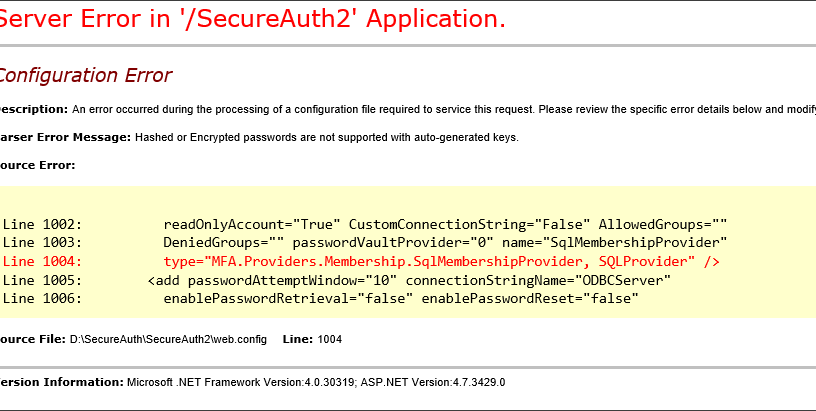An ASP.NET configuration error page showing the parser error Hashed or Encrypted passwords are not supported with auto-generated keys, with the SqlMembershipProvider entry in web.config highlighted.