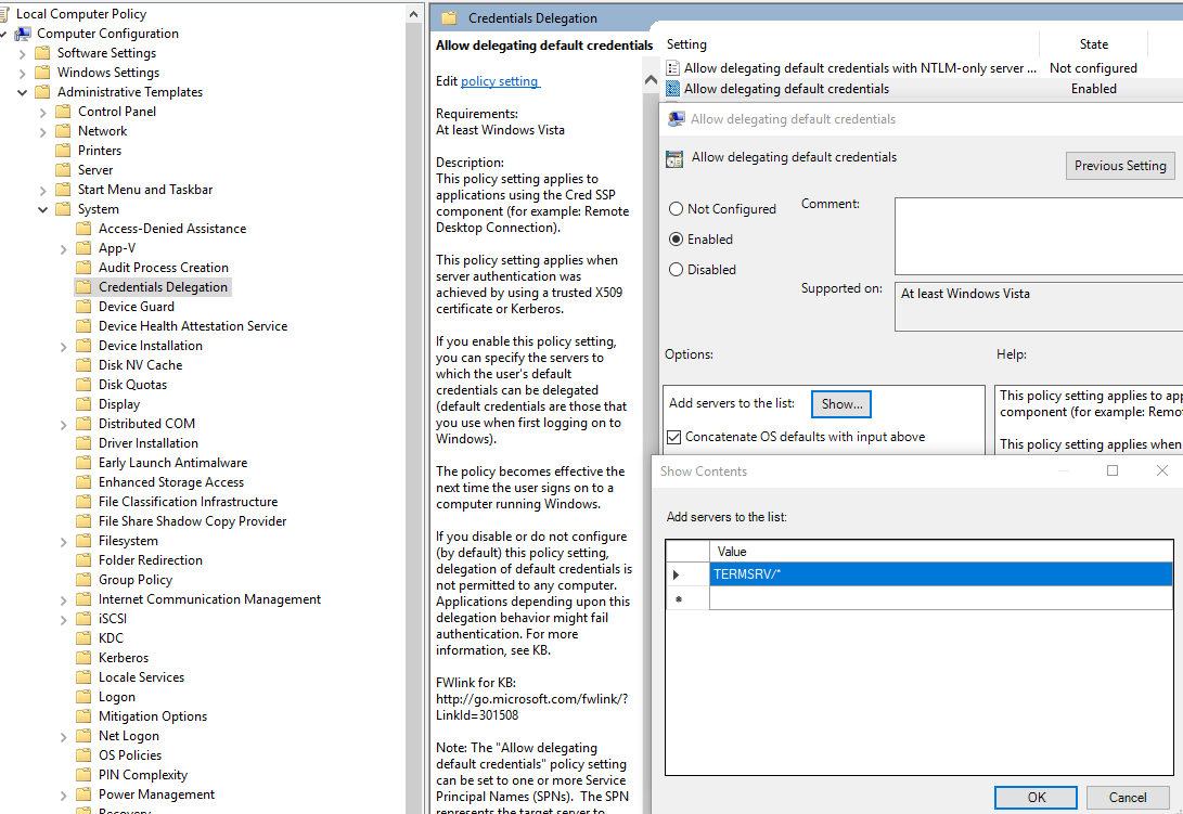 The Allow Delegating Default Credentials policy in Group Policy Editor, with a TERMSRV server list defined.