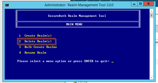 The Realm Management Tool main menu, with option 2, Delete Realm(s), highlighted.