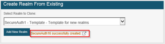 The Create Realm From Existing panel, now showing a success message after a realm is created.