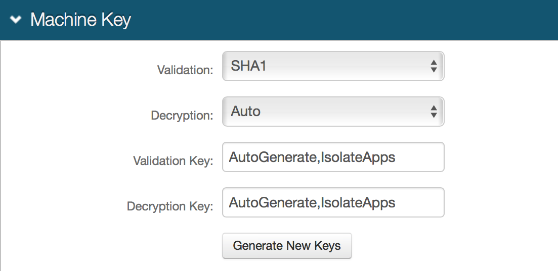 The realm's Machine Key section, with Validation Key and Decryption Key both set to AutoGenerate,IsolateApps.