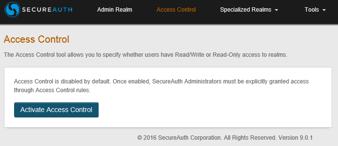The Admin Console's Access Control page, showing the Activate Access Control button and the notice that access must be explicitly granted once activated.