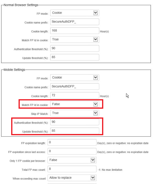 The Mobile Settings section, with Match FP Id in Cookie set to False and the Authentication and Update thresholds highlighted.