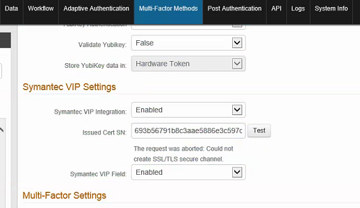 The Symantec VIP Settings section on the Multi-Factor Methods tab, with the SSL/TLS secure channel error shown below the Issued Cert SN field and Test button.