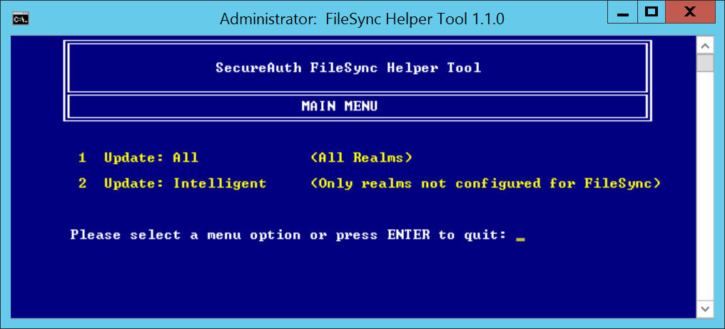 FileSync Helper Tool main menu, showing option 1 Update: All (All Realms) and option 2 Update: Intelligent (Only realms not configured for FileSync).