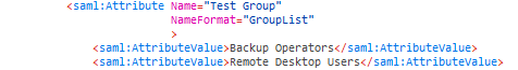 The SAML assertion captured in SAML-tracer, showing the Test Group attribute with AttributeValue entries for Backup Operators and Remote Desktop Users.