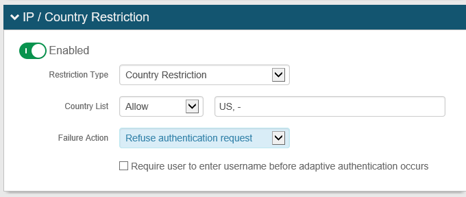 The Adaptive Auth tab's Country Restriction section, with the allowed-country list including a trailing hyphen entry.