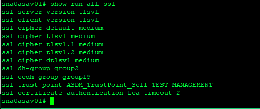 Output of show run all ssl, listing the SSL protocols and ciphers configured on the ASA.