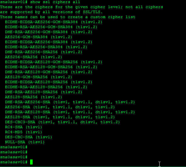 Output of show ssl ciphers all, listing every cipher available on the ASA.