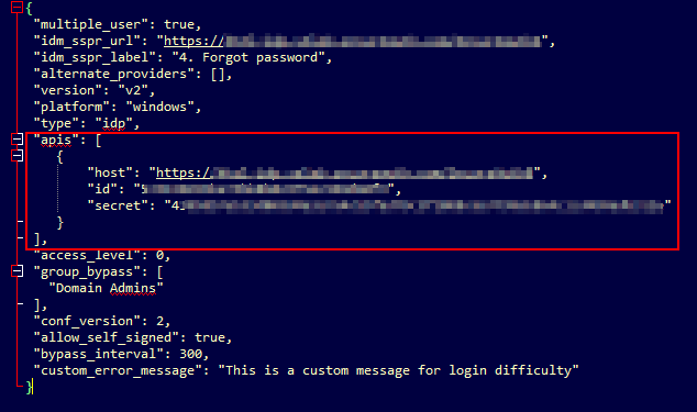 A config.json file with conf_version set to 2 and the apis array highlighted, containing host, id, and secret.