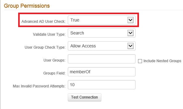 The realm's Group Permissions section, with Advanced AD User Check set to True and highlighted.