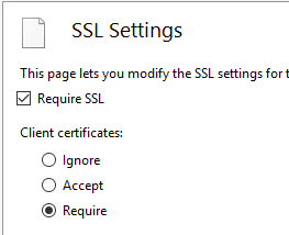 SSL Settings page for cSSL.aspx with Require SSL checked and Client certificates set to Require.