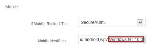 Data tab's Mobile section, showing If Mobile, Redirect To set to SecureAuth3 and Windows NT 10.0 added to the comma-separated Mobile Identifiers list.