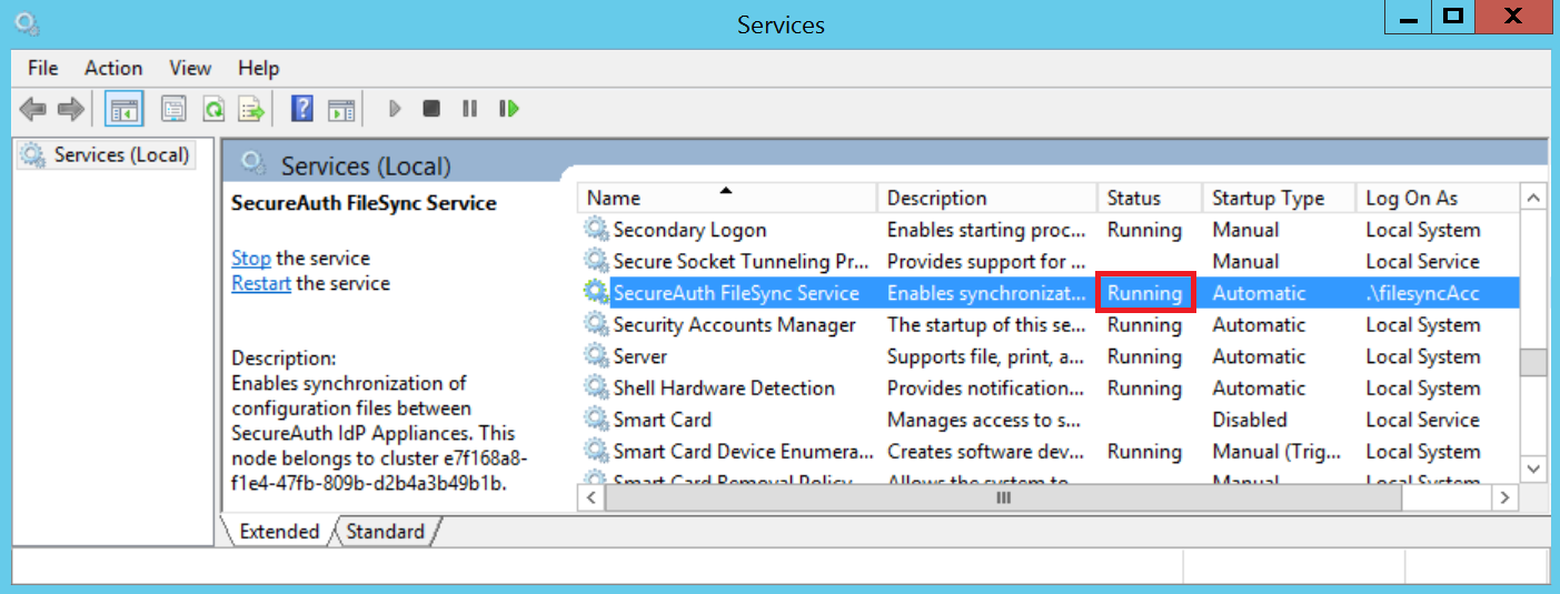 Services console showing the SecureAuth FileSync Service selected, with its status highlighted as Running.