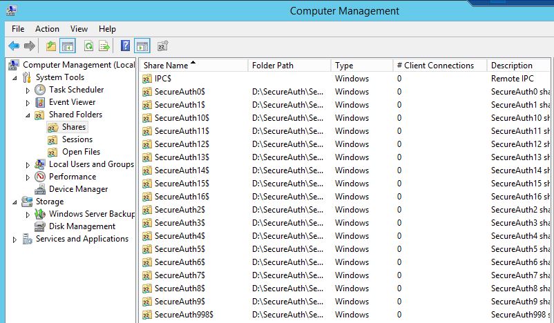 Computer Management's Shared Folders Shares list, showing share names for realms SecureAuth0 through SecureAuth998.