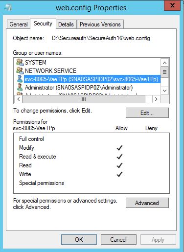 web.config Properties Security tab, showing the FileSync service account with Modify, Read and execute, Read, and Write permissions all allowed.
