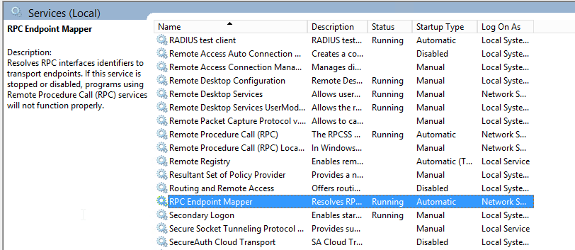 Services (Local) console with RPC Endpoint Mapper selected, showing a status of Running and a startup type of Automatic.