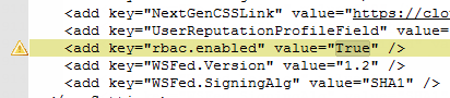 A web.config snippet with the rbac.enabled key highlighted, set to a value of True.