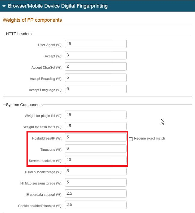 The Weights of FP Components section under System Components, with Host Address/IP, Timezone, and Screen Resolution highlighted.