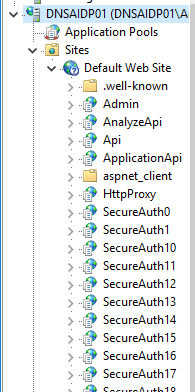 IIS Manager tree expanded to Default Web Site, showing a list of SecureAuth realm folders.