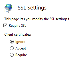 SSL Settings page with Require SSL checked and Client certificates set to Ignore.