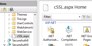 Features View for the cSSL.aspx file specifically, showing its ASP.NET settings icons.