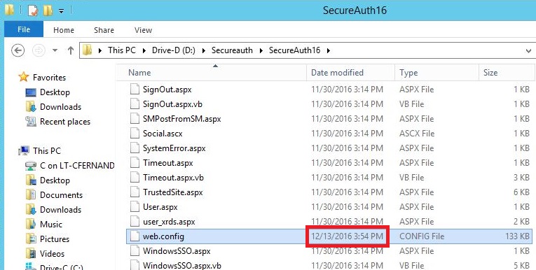 File Explorer showing a realm's folder, with the web.config file's Date modified column highlighted.